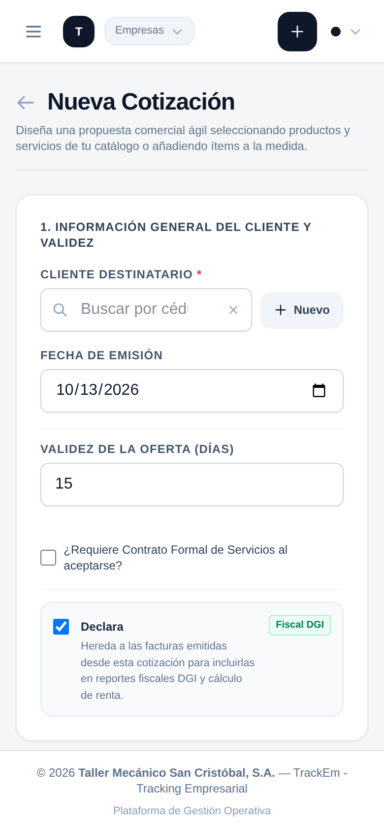 Creación ágil de cotización móvil en TrackEm