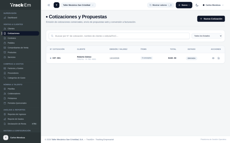 Listado de cotizaciones y estados en TrackEm Panamá